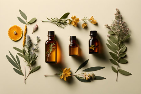 Essential oils with flowers lie on a beige background, Generative AI contentの素材