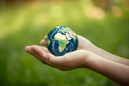 hands holding earth global over blurred nature background. Earthday. Generative AI contentの素材