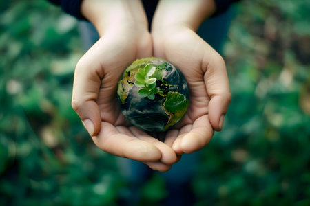 Growing tree on Globe in human hand on green nature background. Earthday. Generative AI contentの素材