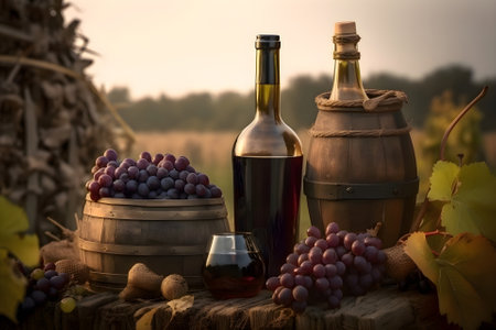 Red wine in bottles, in barrels, tasting glass, grapes on wooden table in vineyard, Generative AI contentの素材