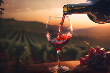 Red wine being poured into a glass from a bottle at sunset with a vineyard view, Generative AI contentの素材