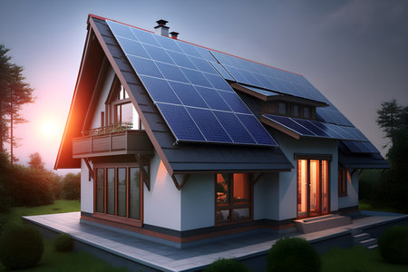 Solar panel station on the roof of a modern house, alternative energy, Generative AI contentの素材
