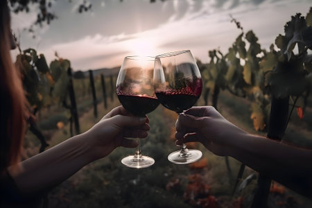 Glasses of red wine in human hands on the background of the vineyard, Generative AI contentの素材