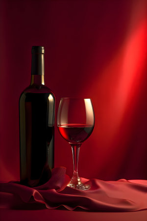 A bottle and a glass of red wine on a satin background, Generative AI contentの素材
