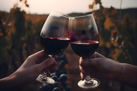 Glasses of red wine in human hands on the background of the vineyard, Generative AI contentの素材