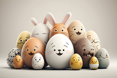 Easter bright cartoon colored eggs with smiles and rabbit ears, Generative AI contentの素材