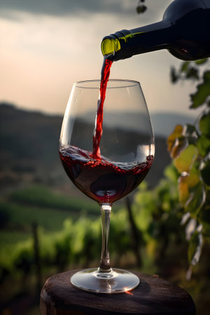 Red wine is pouring into a glass from a bottle with a vineyard view, Generative AI contentの素材