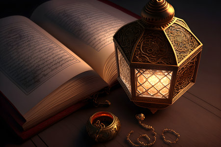 Islamic Koran book, lantern and rosary for prayer on brown table, Ramadan, Generative AI contentの素材