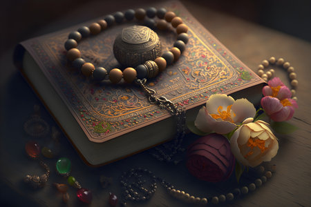 Islamic Koran book and rosary for prayer on brown table, Ramadan, Generative AI contentの素材