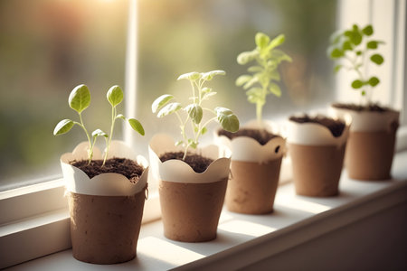 Growing seedlings in pots on the windowsill in the sunlight, Generative AI contentの素材