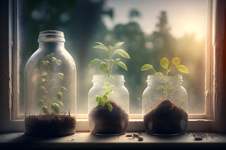 Growing seedlings in pots on the windowsill in the sunlight, Generative AI contentの素材