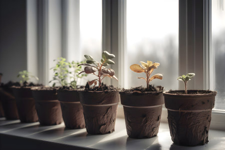 Growing seedlings in pots on the windowsill in the sunlight, Generative AI contentの素材