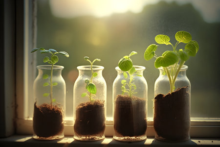 Growing seedlings in pots on the windowsill in the sunlight, Generative AI contentの素材