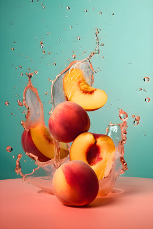 Ripe juicy peaches with splashes of drops of water or juice on a blue background, Generative AI contentの素材