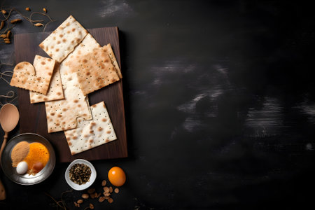 Jewish traditional matzah bread on a black background, Passover, Generative AI contentの素材