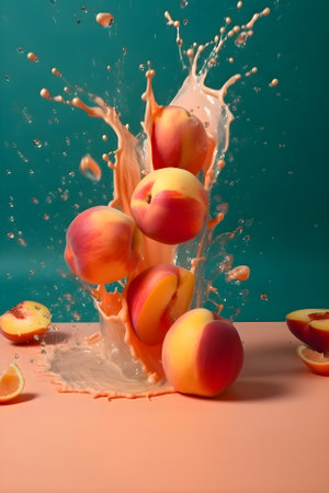 Ripe juicy peaches with splashes of drops of water or juice on a blue background, Generative AI contentの素材
