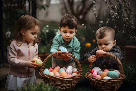 Children put colored Easter eggs in baskets, Generative AI contentの素材