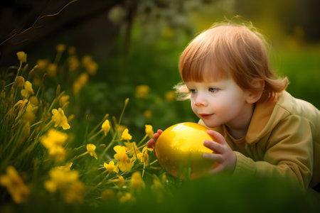 A boy is holding a golden painted Easter egg in a garden among spring flowers, Generative AI contentの素材
