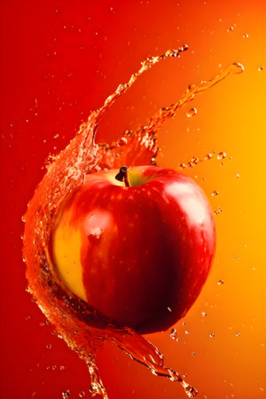 Ripe juicy apple with splashes of drops of water or juice on a red background, Generative AI contentの素材