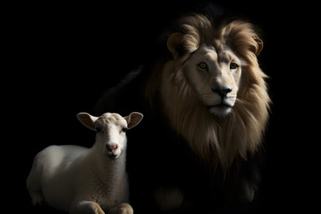 Lion and Lamb together on a black background. Two aspects of the nature of Jesus Christ, Generative AI contentの素材