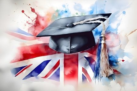 Graduation cap on the background of the British flag, watercolor, Generative AI contentの素材