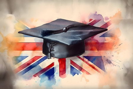 Graduation cap on the background of the British flag, watercolor, Generative AI contentの素材