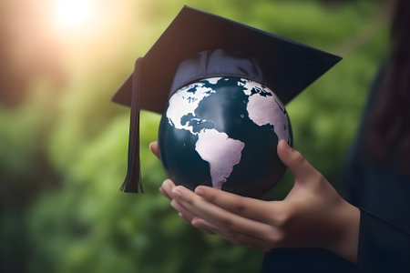 Earth globe in a graduation cap in the hands of a graduate girl, Generative AI contentの素材