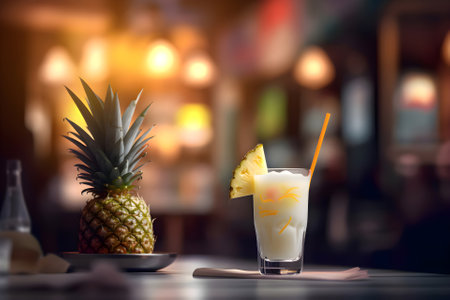 Tropical pina colada cocktail with pineapple on the bar table, Generative AI contentの素材