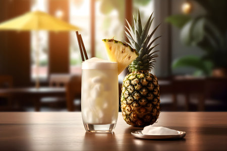 Tropical pina colada cocktail with pineapple on the bar table, Generative AI contentの素材