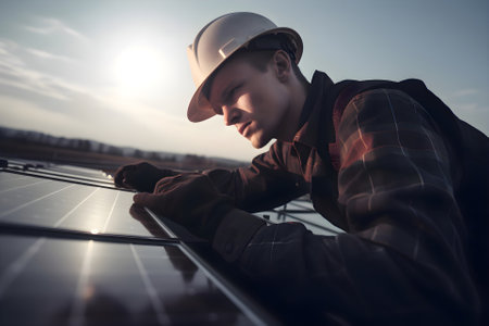 Service engineer man installs solar panels, Generative AI contentの素材