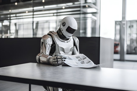 A robot reads a newspaper at a table, Generative AI contentの素材