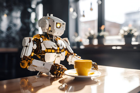 A robot in a cafe with a cup of coffee, Generative AI contentの素材
