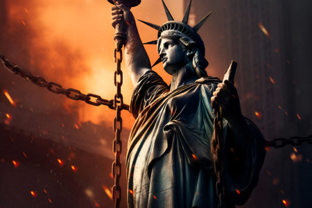 America's Statue of Liberty in chains on fire, Generative AI contentの素材