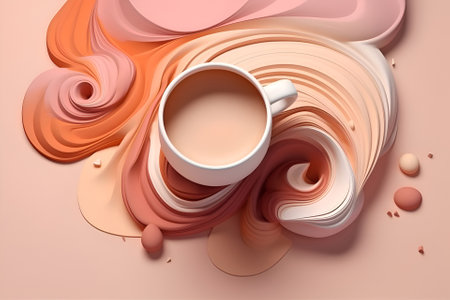 A cup with a hot drink on a pink background, art, Generative AI contentの素材