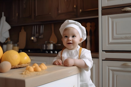 A baby cook in a chef's hat in the kitchen, Generative AI contentの素材