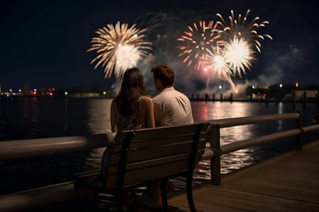 Couple in love watching fireworks over the river, Generative AI contentの素材