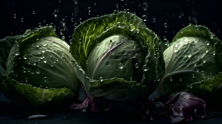 Farm cabbage heads with water drops, banner, Generative AI contentの素材