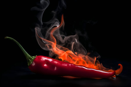 Hot chili peppers on fire on a black background, Generative AI contentの素材