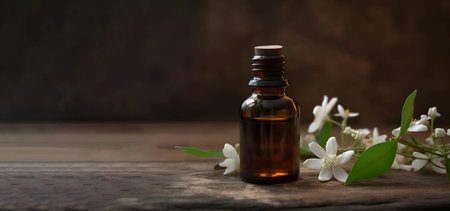 Neroli essential oil with flowers on a wooden background, banner, Generative AI contentの素材