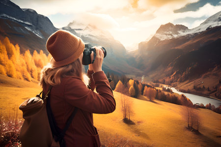 A woman takes pictures of the mountains during an autumn hike, Generative AI contentの素材