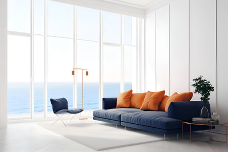 Modern living room interior with sea view, Generative AI contentの素材