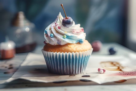 Cupcake with cream on a blue background, Generative AI contentの素材