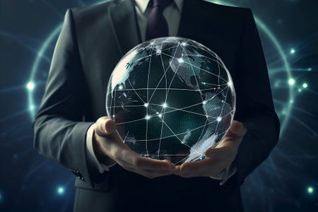 A businessman holds the earth globe in his hands, Generative AI contentの素材