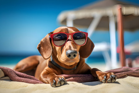 A dog in sunglasses lies in a beach, vacation, Generative AI contentの素材