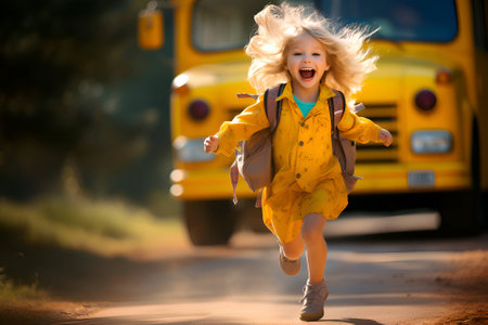 A smiling girl with a backpack runs away from the school bus, Generative AI contentの素材