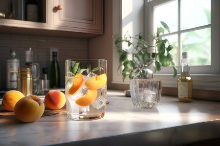 Peach cocktail with ice on the kitchen tableの素材