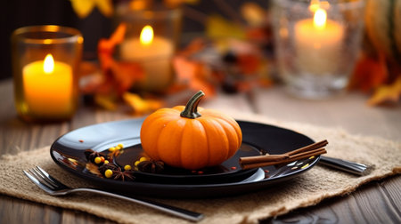 Small autumn pumpkins on a plate, table setting 1の素材