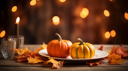 Small autumn pumpkins on a plate, bokeh 1の素材