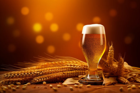 A glass of beer with ears of wheat on a wooden table 1の素材