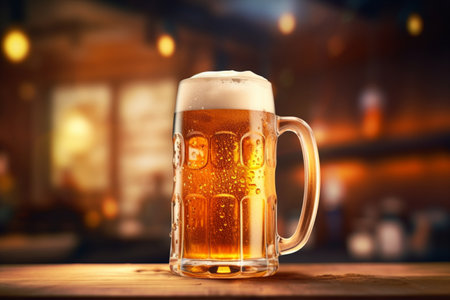 A mug of beer on a wooden table in a pubの素材